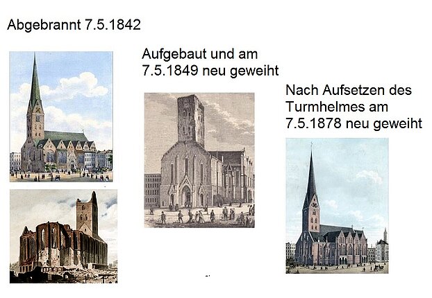 vier verschiedene Kupferstiche von St. Petri zwischen 1842 und 1878